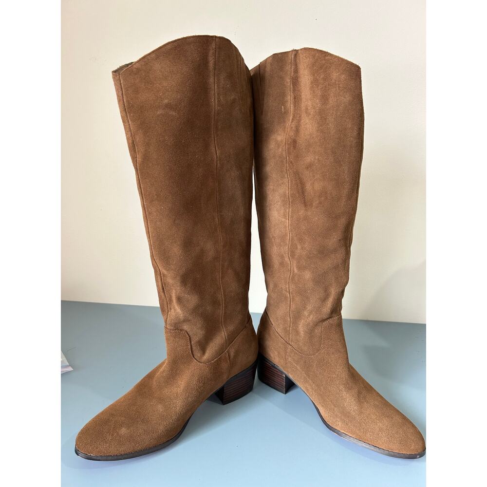 Twiggy London brown suede tall boots womens 11 small heel pull on some flaws - Picture 10 of 11